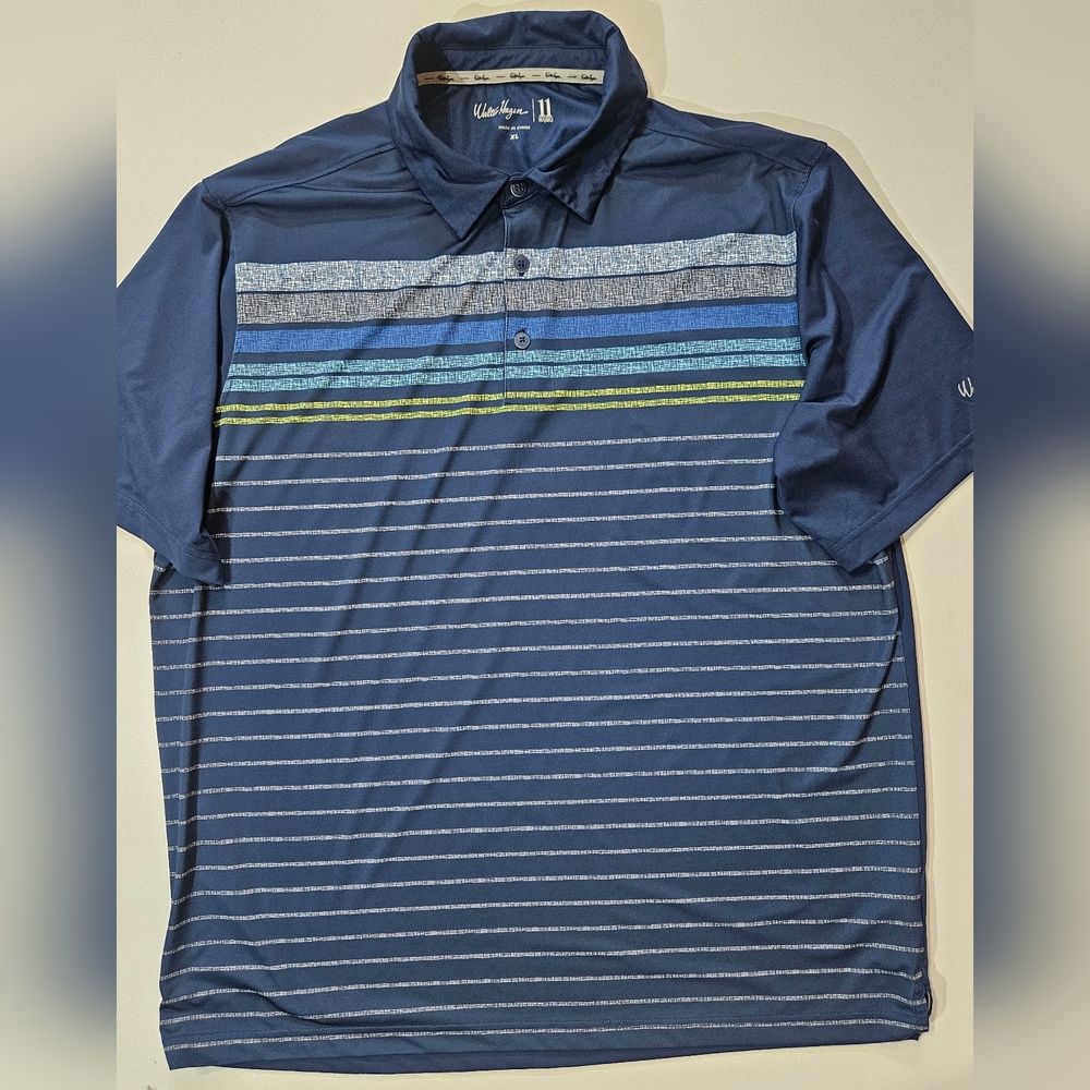 Walter Hagen Golf Polo Mens XL Navy Blue White Striped Preppy Activewear
